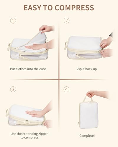 ECOHUB 6 Set Compression Packing Cubes, Lightweight Beach Vacation Travel Essentials Durable Travel Accessories for Suitcase Carry On Luggage Organizer Bags with YKK Zippers Shoe Bag, Beige 6