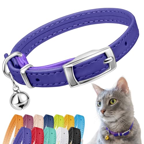 Image of CollarDirect Leather Cat Collar, Animal Collar with Elastic Safety Strap and Bell for Boy, Girl, Kitten (Neck Fit 6 inch-7 inch, Purple)