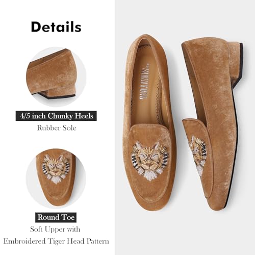 Image of Embroidered Loafers for Women Round Toe Chunky Heel Velvet Flats with Lion Head Pattern Wide Width Dress Casual Shoes