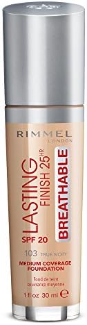 Rimmel London Lasting Finish Breathable Liquid Foundation, Moisturising Effect with Lightweight and Breathable SPF 20 Formula, Ivory, 30 ml