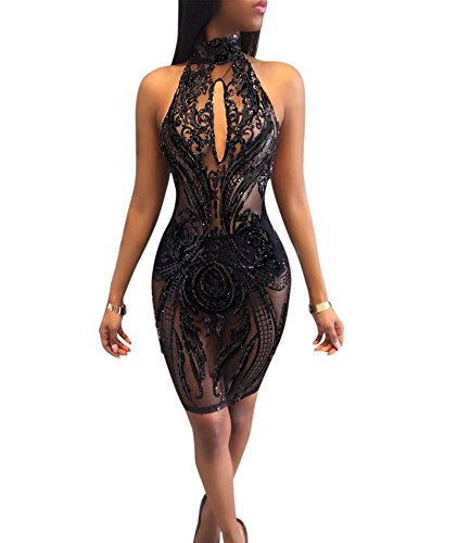 Women Sexy Backless Halter Sequins See Through Dress Floral Mesh Sheer Bodycon Clubwear Party Dress Black X-Large