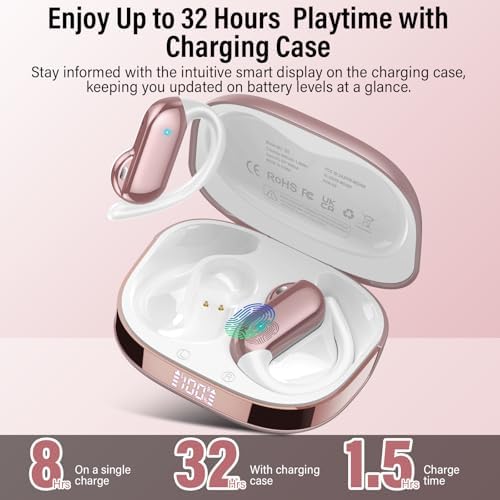 Open Ear Earbuds, Bluetooth 5.4 Wireless Earbuds with Ear Hooks, 32H HiFi Stereo Open Ear Headphones with Clear Calls, IPX7 Lightweight Air Conduction Headphones for Workouts and Running, Rose — view 6