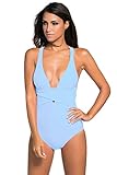 Shawhuwa Womens Sexy Retro V Neck Strappy One Piece Swimsuit Bathing Suit L Light Blue