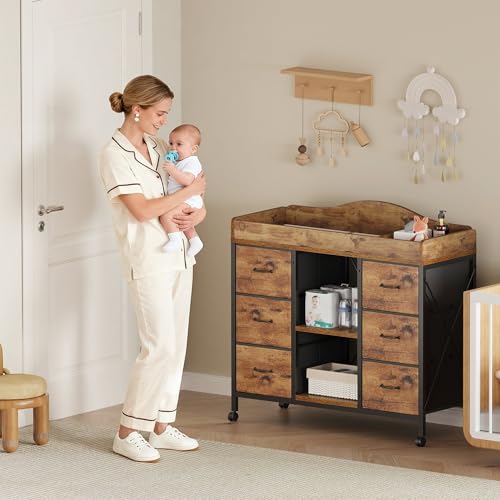 Image of YeTom Changing Table, 6-Drawer Dresser, Adjustable Shelves, Rustic Brown | Changing Table Dresser, Waterproof Diaper pad & Safety Strap, 6 drawers, Adjustable shelves, Mobile Nursery Organizer
