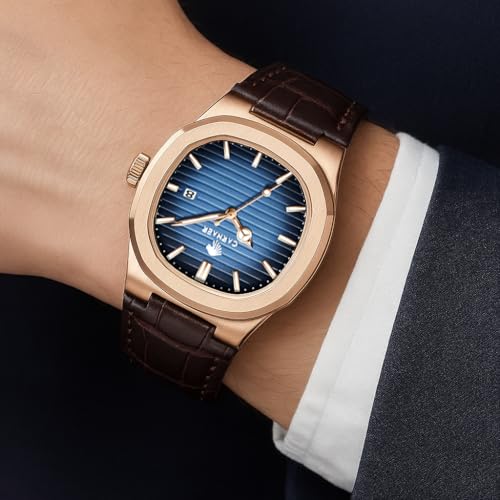 Image of Men Octagonal Rose Gold Luxury Watch for Boy Black Striped Dial, Date Display, Luminous Markers, 30M Waterproof, Leather Strap, Quartz Movement