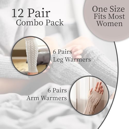 Winter Leg & Arm Warmers Sleeves, 12 Pairs Womens Premium Long Thermal Cable Knit Fingerless Gloves2