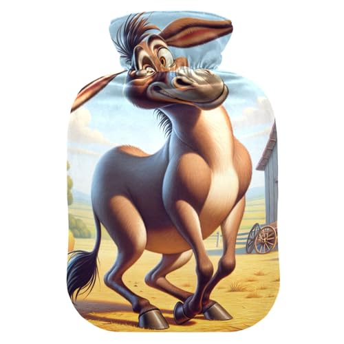 Funny Donkey Dancing Hot Water Bottles with Velvet Cover Hot Water Bag for Pain Relief, 1L