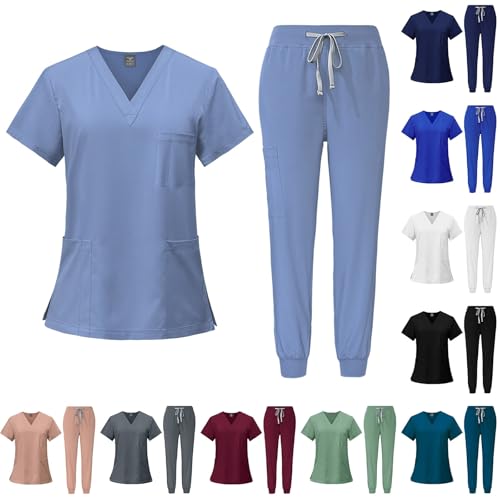 Scrubs for Women Set Short Sleeved Solid Color V Neck Classic V-Neck Top & Jogger Pants with Stretch Nursing Uniform Scrubs Set