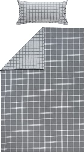 Erwin Müller Flanell Wende-Bettwäsche, Bettgarnitur Karo grau Größe 40x80 cm / 135x200 cm - für kalte Nächte, flauschig weich, temperaturausgleichend, mit Reißverschluss