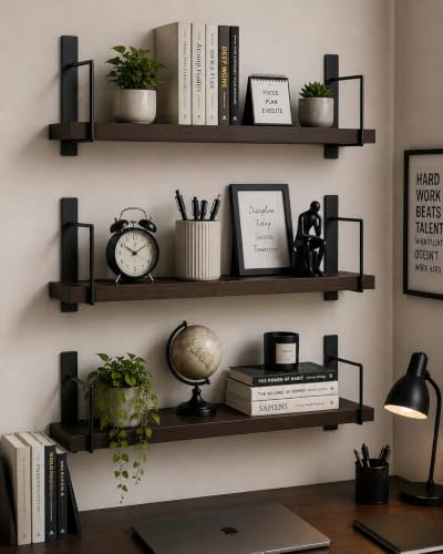 Image of Wooden Wall Shelf for Books | Wall Mounted Bookshelf for Living & Bedroom | Floating Wall Bookshelf | Book Shelf Wooden Wall Mounted | Decorative Wall Shelf Rack Brown, 16X6X6,Set of 3