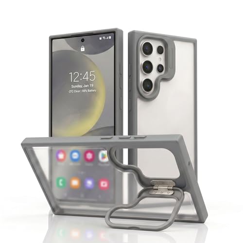 Image of amazon basics Frosted Matte Case for Samsung Galaxy S24 Ultra 5G | Built-in Flip-Out Camera Lens Stand | Translucent Back with Contrast Gray Bumper | Shockproof Protective Cover