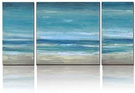 3Hdeko - Ocean Wall Art Abstract Beach Pictures Coastal Wall Decor Modern 3 Pieces Teal Blue Seascape Painting for Home Living Room Bedroom, Large Size Canvas Prints, Ready to Hang