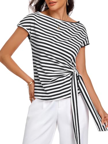 Image of HOTIAN Womens Cap Sleeve T Shirts 2026 Tie Waist Wrap Tops Crew Neck Blouses Dressy Casual Loose Work Business Dressy