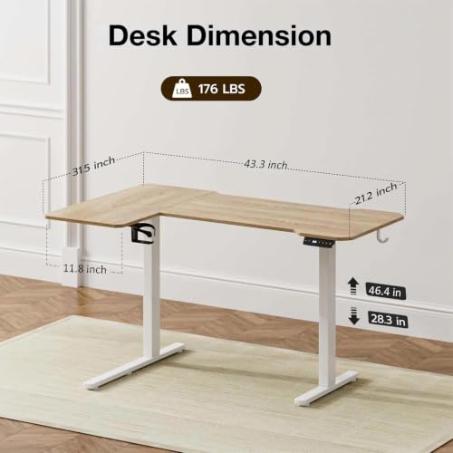 Image of Acrolix L Shaped Electric Standing Desk - 43x31.5 Inch Reversible Corner Sit Stand Desk with Hook&Cup Holder,Electric Height Adjustable Table,for Small Home Office&Bedroom Computer Desk, Oak