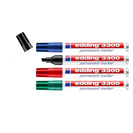 edding 3300 marcador permanente - negro, rojo, azul, verde - juego de 4 - punta biselada 1-5 mm - indeleble de secado rápido - resistente al agua y a los borrones - cartón, plástico,madera,metal,tela