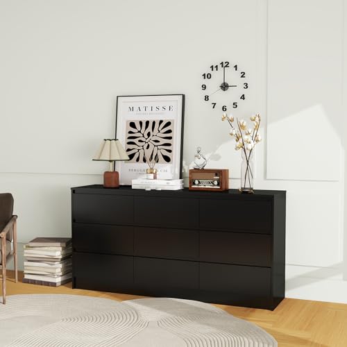 Panana Modern 9 Drawer Wood Dresser for Bedroom, Large Floor Storage Drawer Cabinet Lateral Chest of Drawers Handle Free Organizer for Closet Living Room (Black, 9 Drawer)