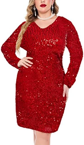 IN'VOLAND Womens Sequin Dress Plus Size V Neck Party Cocktail Sparkle Glitter Evening Stretchy Mini Bodycon Dresses Red