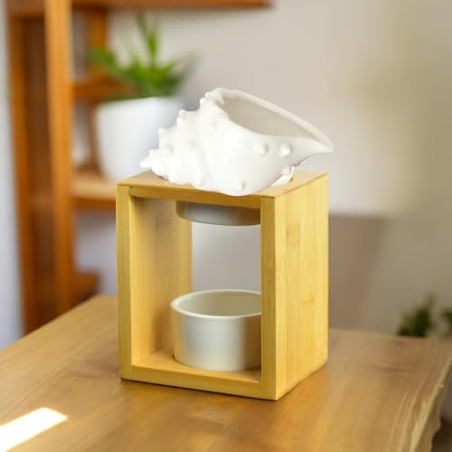 Quema Perfume Shell – Quemador de Fondant Cera Perfumada – Difusor de Aceite Esencial y Ambiente – Candelabro de Aromaterapia con Vela de Madera y Cerámica – Altura: 12 cm - imagen 11