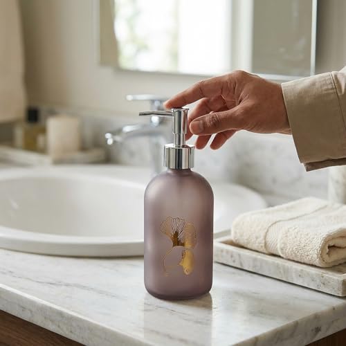 Image of Luxe Home International Flower Print Glass Soap Dispenser for Bathroom and Kitchen Sink Leak Proof Liquid Hand Wash Round Bottle Lightweight Smooth Finish (19.5x7.5 cm Brown) Pack of 1