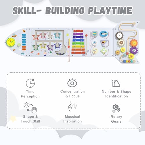 Image of Spacocld Rocket Activity Wall Busy Board Panels - Sensory Wall Panel for Kids, Montessori Toddler Wall Activity Board, Wall Toys for Toddlers 3, Activity Cube, Wooden Boards, White Grey(4PCS)