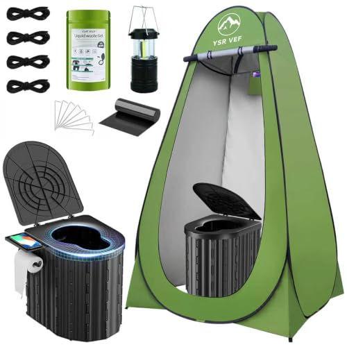 Camping Toilet with Pop-Up Privacy Tent and Liquid Waste Gel, Portable Toilet with Large Tent and Camping Lantern, Ergonomic Potty Provides Enhanced Comfort, Suitable for All Ages
