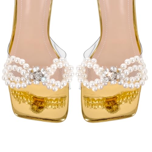 Image of Yolkomo Women's Square Toe Clear Heels Sexy Rhinestone Bow Heels Open Toe Ankle Strap Stiletto High Heel Sandals