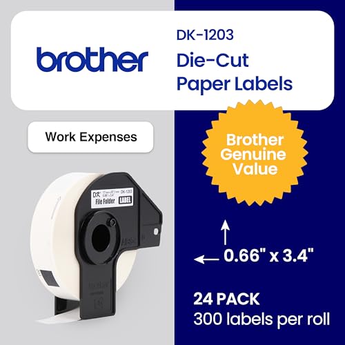 Image of Brother Genuine DK-120324PK Die-Cut File Folder Labels, 0.66 inch x 3.4 inch, Long Lasting Reliability, 300 Labels Per Roll, 24 Rolls per Box, White (DK120324PK), for use with select Brother QL Label Printers