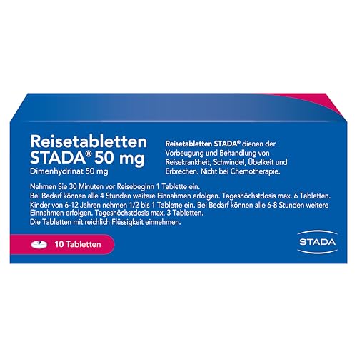 Reisetabletten STADA 50 mg, zur Vorbeugung und Behandlung von Reisekrankheit, Schwindel, Übelkeit und Erbrechen, 10 Stk