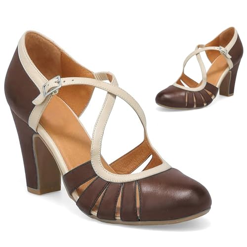 SHODENSE Women Round Toe Chunky High Heel Pumps Cross Strap Closed Toe Sandals Heels Two Toned 3” Chunky Block Heels Pump Shoes Cut Out Buckle Thick Heels Patchwork Vintage Retro 4-11 M US4