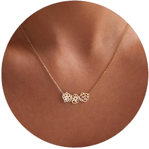 Dainty Birth Flower Necklace for Women, Custom 1-6 14K Gold Plated Birth Month Flower Necklace Personalized Mothers Day Birthday Christmas Gifts for Bridesmaid