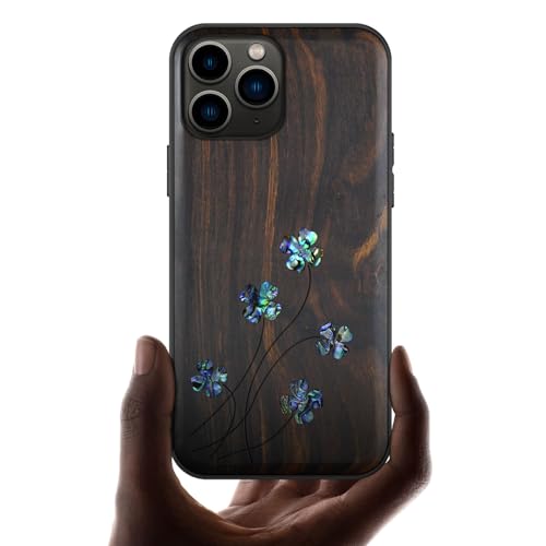 Carveit 木製 カバー 対応 iPhone 11 Pro ケース, 手でインレイ/象嵌 綺麗な貝張り+ブラックソフトTPU 内部シェル, 耐衝撃 いPhone 11 Pro ケース(5.8インチ), 対応 ワイヤレス充電器 アイフォン11 Pro 保