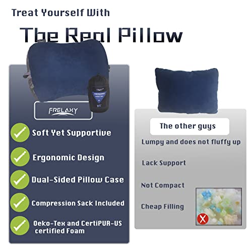 Frelaxy Travel Pillow, Luxury Camping Pillow With Compression Sack & Removable Cover, Ergonomic Shredded Memory Foam Pillow For Neck & Lumbar Support, For Camping, Travel, Airplanes, Road Trips (Blue) #TOP1