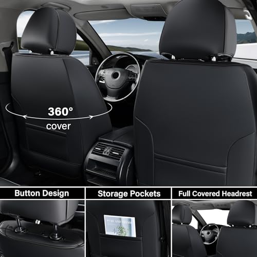 Image of Coverado Seat Covers, Car Seat Covers Front Seats, Waterproof Nappa Leather Auto Seat Cover with Lumbar Head Pillow, Black Seat Covers Carseat Cover Universal Fit for Most Cars