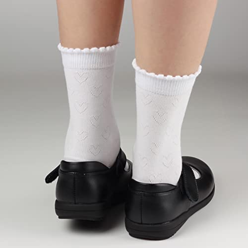 Cotton Day Girls White Dressy Short Ankle Socks Ruffle Top Hearts Design (8-10 Years Size 10) #TOP1