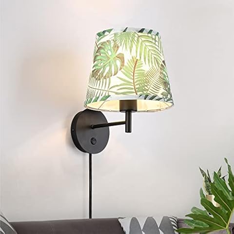 SUNLLOK Modern Plug in Cord LED Bedside Wall Lamp with Adjustable Swing Arm - Leaves Lampshade Wall Sconce Lighting Fixture with On/Off Switch - Indoor Wall Mount Reading Lamp for Living Room Bedroom Cover