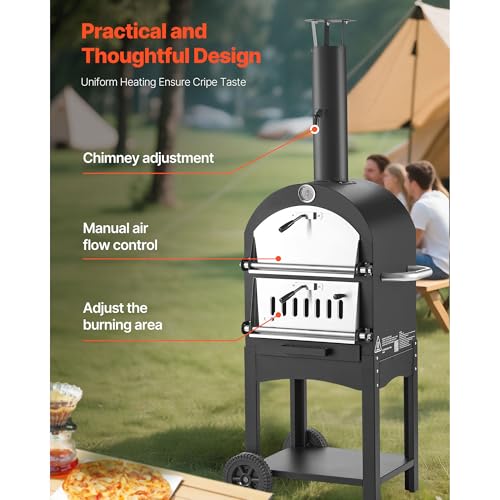 Image of VEVOR Portable Outdoor Oven, 12-inch Stand Pizza Oven with Casters, Pellet & Chips & Charcoal & Firewood Four Fuel, Baked Paint Pizza Grill, Includes Pizza Stone, Pizza Shovel, for Camping & Backyard