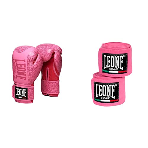 Guantes de boxeo LEONE 1947 Maori de 10 oz en color rosa con vendas de 2,5 metros a juego