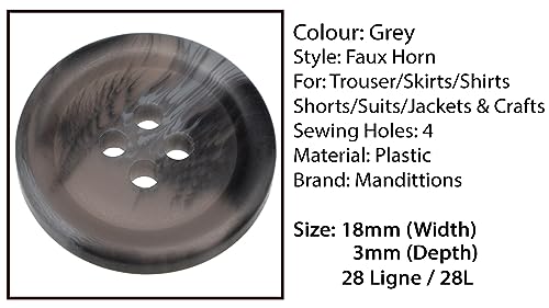 Pack of 6 Grey 18mm Round Faux Horn Sew On Plastic Buttons for Skirts Trousers Suits Shorts Coats Flat 4 Holes 28L - Image 3