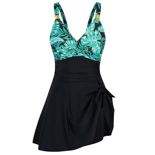 HUSKARY Women Swimsuit One Piece Tummy Control Swimdress Full Coverage Flowy Bathing Suits Gold Metal Tie Knot Swim Dress Large Flower10