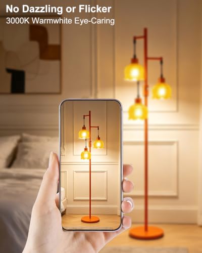 Image of Lightdot 3-Light Lotus Floor Lamp 65'' Dimmable with Orange Glass Shade & E12 Bulbs Included, Mid Century Tall Flower Lamp with 5Lbs Heavy Base for Living Room /Bedroom /Sofa Beside /Corner Decor - Gold