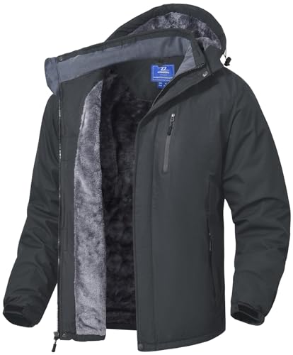 SPOSULEI Herren Winter Fleecejacke Warme Verdickt Gefüttert Skijacke Outdoor Winddicht Wasserdicht Jacke mit Abnehmbarer Kapuze für Wandern Dunkelgrau 3XL