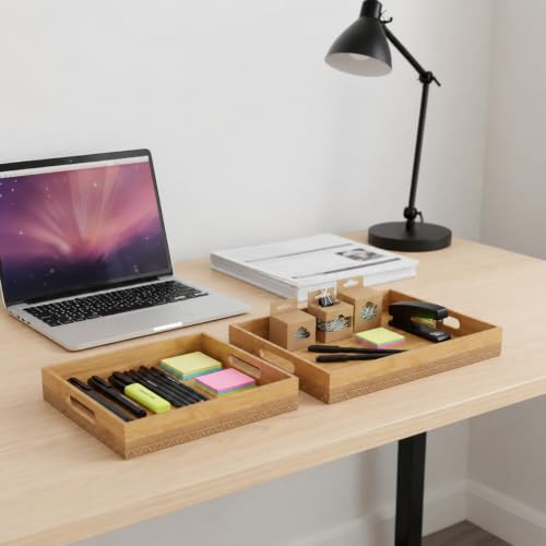 Miniatura 9 de Lin Home Rs02181 Set De 2 Bandejas De Bambú Natural Rectangulares, Bandeja De Sirvir Con Asas Doble Diseño Y Detalles Geométricos, Para Cocina, Mesa Y Desayuno