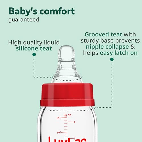 Image of LuvLap Natura Flo Wide Neck Glass Feeding Bottle, New Born /Infants /Toddler Upto 3 Years, BPA Free, Ergonomic Shape is Easy to Hold, with Anti Colic Nipple, Pack of 4, 250ml