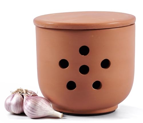 EARTHEN CRAFTS Terracotta Garlic Keeper 4.5 Handmade Clay Garlic Jar with Lid Storage Container for Gifts, Garlic Saver for Kitchen Countertop Decor for Fresh Garlic Cloves