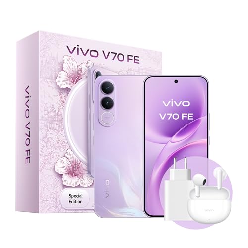 vivo V70 FE Móvil 5G, cámara Principal ultranítida de 200 MP con estabilización de Imagen (OIS), 8+256 GB, 7000 mAh, Pantalla AMOLED de 1,5K, IP68 e IP69, Smartphone con AI, Paquete Regalo,Purpura