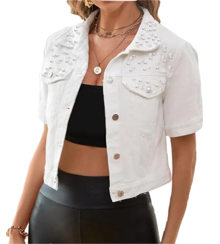 LifeShe Women's Pearls Denim Jacket Casual Short Sleeve Cropped Jean Jackets Coats