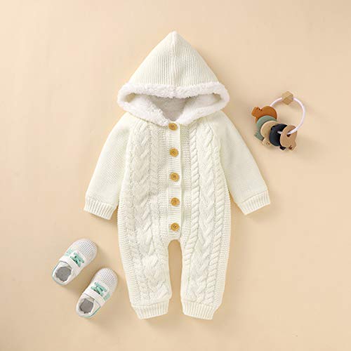 Newborn Baby Hooded Knitted Romper Fleece Sweater Warmer Snowsuit Jumpsuit Coveralls Onepiece Infant Winter Outerwear For Boys Girls White - 8