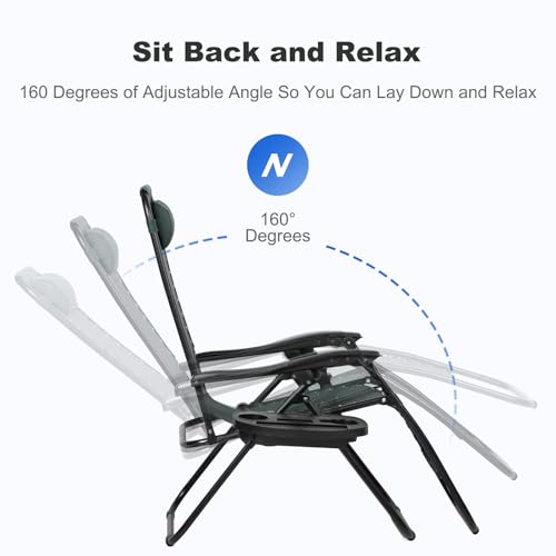 Nazhura Set of 2 Relaxing Recliners Patio Chairs Adjustable Steel Mesh Zero Gravity Lounge Chair Beach Chairs with Pillow and Cup Holder (Dark Green)