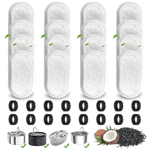 32 stuks waterfonteinfilter voor katten, drinkwaterfilterspons voor huisdieren, vervanging voor 3,2 l (1,75 oz/2 liter), waterfonteinfilters voor huisdieren met 16 koolstoffilters en 16 schuimsponzen
