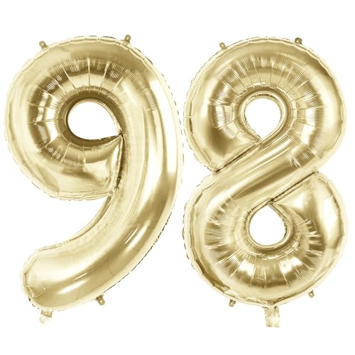 Number 98 Balloons for 98th Birthday Party Decorations, 40" Champagne Gold Foil Helium Balloons, 40 Inch 0-100 Anniversary Supplies for Women Men and Grandpa Grandma